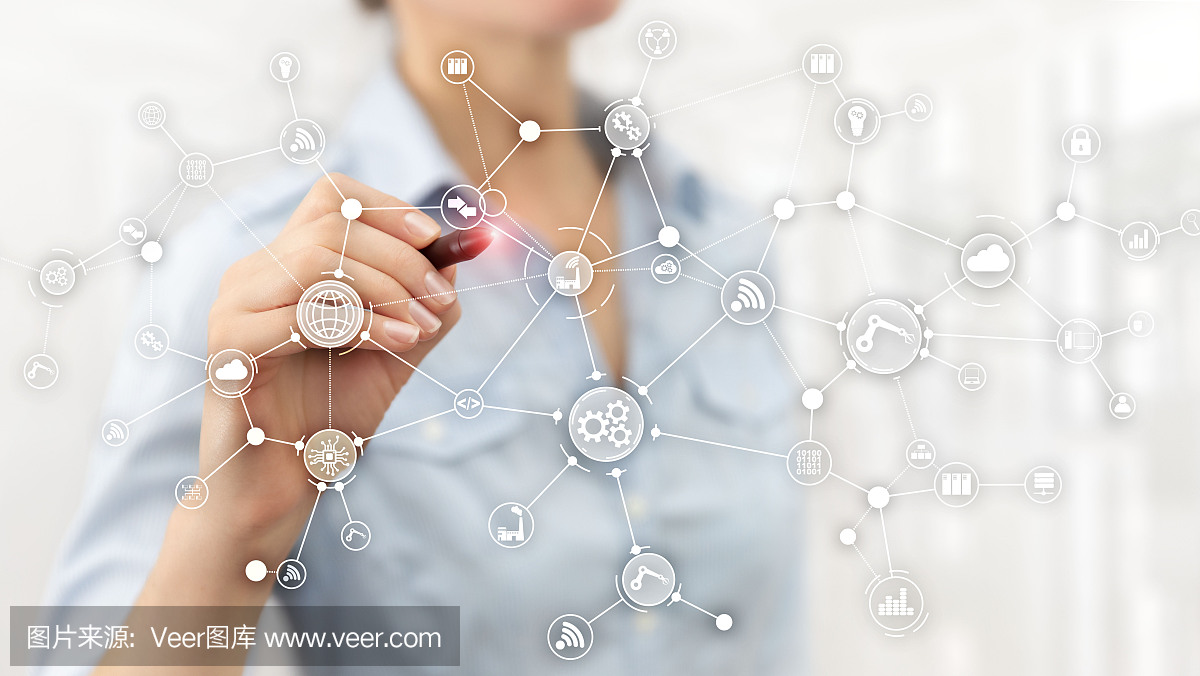 虛擬屏幕上的技術工業業務流程工作流組織結構。物聯網智能行業概念混合媒體圖。